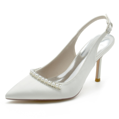White Satin Pointed Toe Pearl Slingback Pumps Stiletto Wedding Shoes