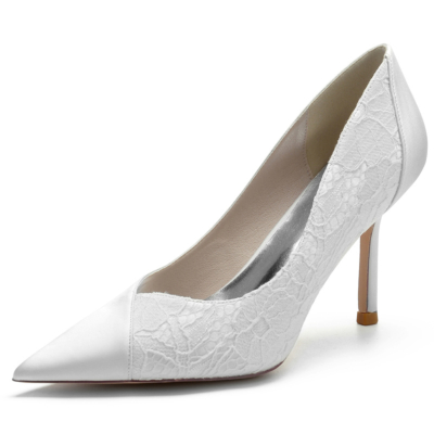 White Satin Pointed Toe Stiletto Heel Wedding Pumps with Lace
