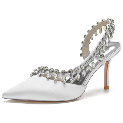 White Satin slingback Rhinestone Pointy Toe Stiletto Heel Bridal Shoes