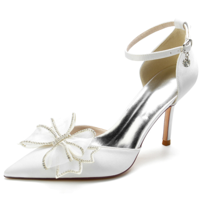 White Satin Wedding Shoes Ankle Strap Pointed Toe Stiletto Pumps with Bow