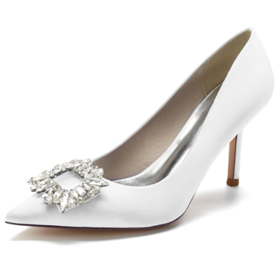 White Satin Wedding Shoes Pointed Toe Stiletto Heel Pumps
