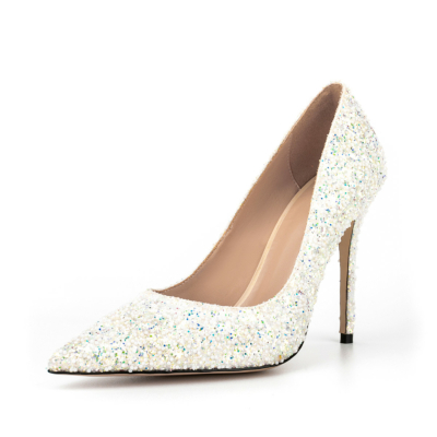White Sequin Pumps Heels Pearl Stiletto Heeled Shoes for Wedding