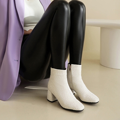 White Square Toe Glitter Ankle Boots Low Chunky Heel Boots for Women