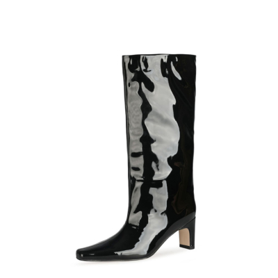 Black Wide Calf Knee High Boot Square Toe Shiny Pu Dresses Boots Mid Heels