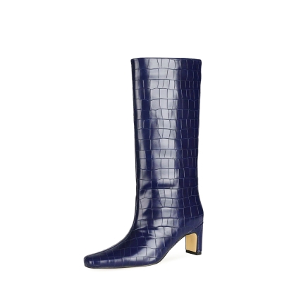 Navy Croc Print Wide Calf Tall Booties Square Toe Low Heel Knee High Boots for Women