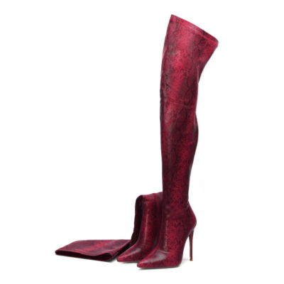 Burgundy Fashion Snake Embossed Pointed Toe Stilettos Over-the-knee Boots