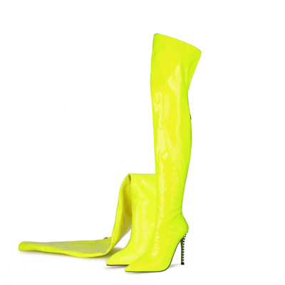 Neon Lime Green High Heel Boots Stiletto Thigh High Boots With Back Zipper