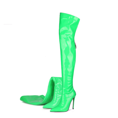 Neon Green High Heel Boots Stiletto Thigh High Boots With Back Zipper