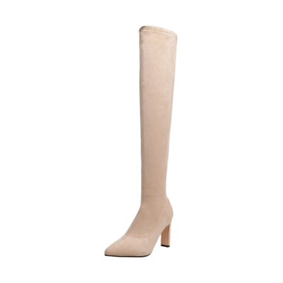 Khaki Suede Pull-on Elastic Square Heel Thigh High Boots