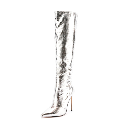 Women's Silver Python Printed Vagen Leather Pointed Toe Stilettos Knee High Boots