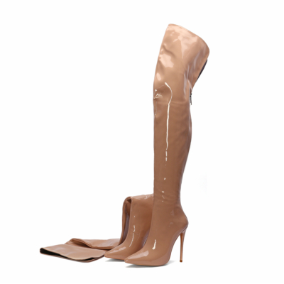 Nude Patent Leather Pleaser Boots Stiletto Heel Long Thigh High Boots