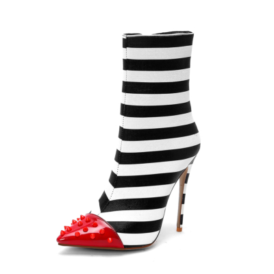 Black and White Stripe Ankle Boots Red Rivets Pointed Toe Stilettos Booties