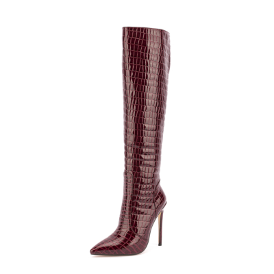 Women's Burgundy Croc Patent Leather Pointed Toe Stilettos Knee High Boots