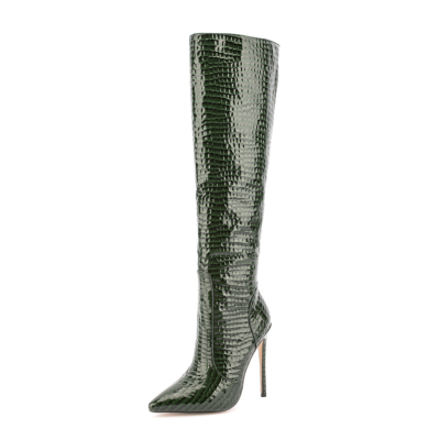 Women's Green Croc Patent Leather Pointed Toe Stilettos Knee High Boots