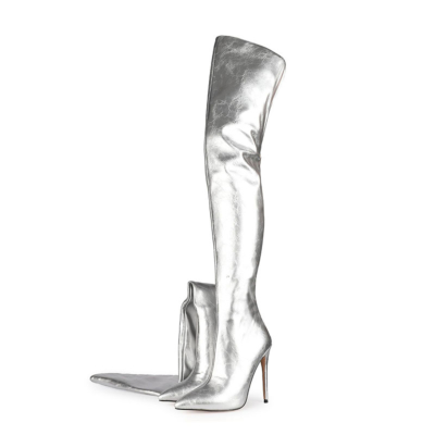 Silver Women's Metallic Back Zipper Thigh High Heel Boots Winter Boots