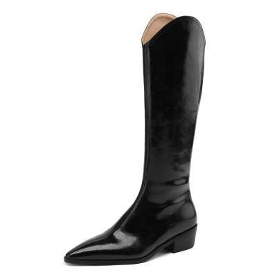 Women's Black Genuine Leather Pointed Toe Knee High Boots Low Heel Boots