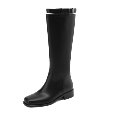 Women's Black Genuine Leather Square Toe Knee High Boots Low Heel Boots