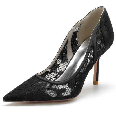 Women's Black Lace Wedding Shoes Pointed Toe Stiletto Heel Pumps