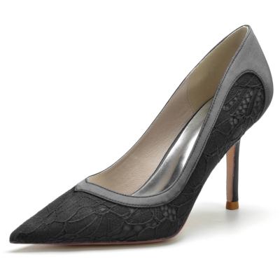 Women's Black Opaque Lace Pointed Toe Stiletto Heel Wedding Pumps