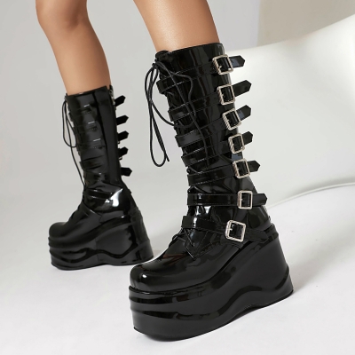Women's Black Platform Wedge Lace Up Gothic Boots Multi Buckle Mid Calf Boots