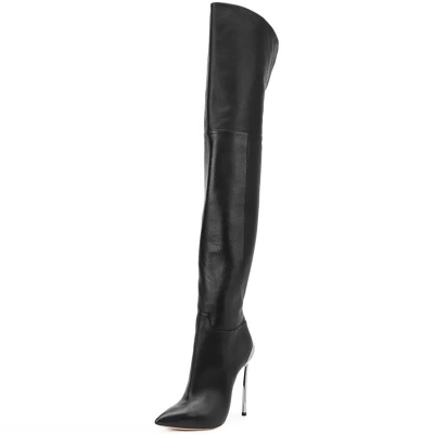 Women's Black Pointed Toe Thigh High Boots Metal Stiletto Heel Boots