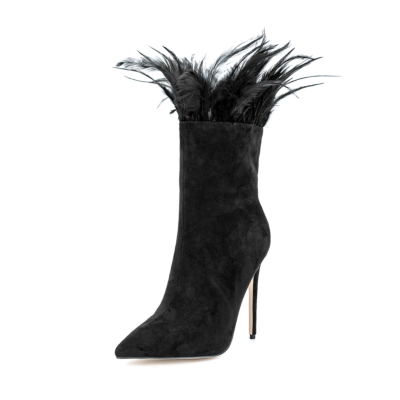 Women's Black Suede Pointed Toe Stiletto Boots Feather Ankle Booties