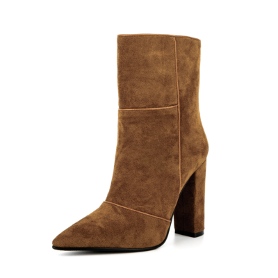 Women's Brown Suede Pointed Toe Chunky Heel Ankle Booties