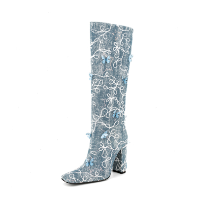 Women's Light Blue Butterflies Chunky Heel Square Toe Denim Knee High Boots