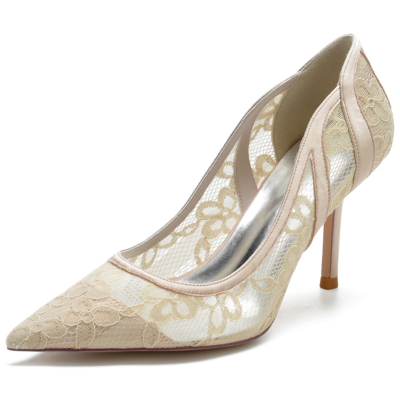 Women's Champagne Lace Wedding Shoes Pointed Toe Stiletto Heel Pumps