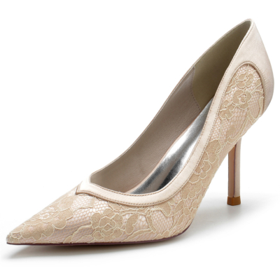 Women's Champagne Opaque Lace Pointed Toe Stiletto Heel Wedding Pumps