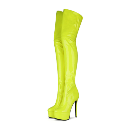 Neon Green Zipper Platform Stiletto Stretch Thigh High Boots