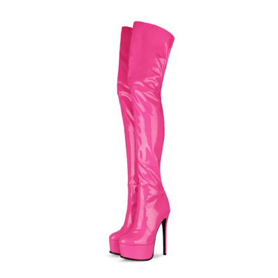 Neon Pink Zipper Platform Stiletto Stretch Thigh High Boots