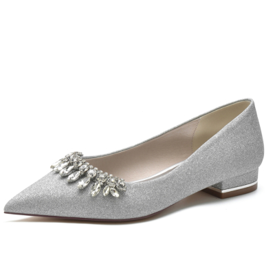 Women's Silver Glitter Flat Shoes Rhinestone Wedding Shoes