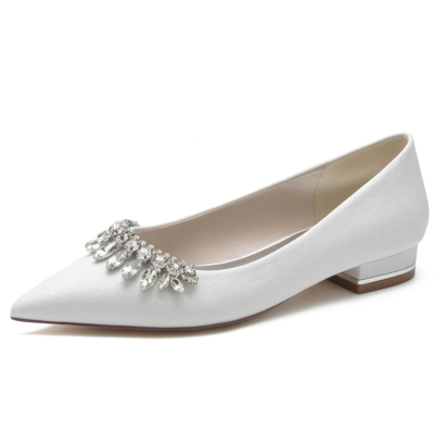 Women's White Glitter Flat Shoes Rhinestone Wedding Shoes