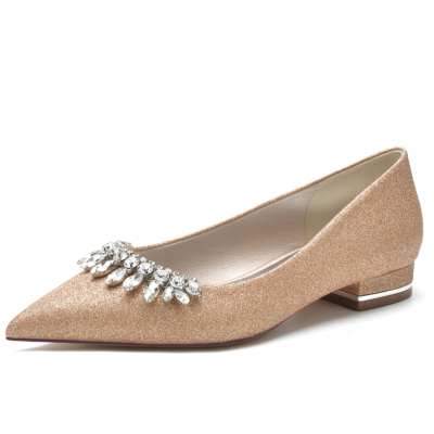 Women's Gold Glitter Flat Shoes Rhinestone Wedding Shoes