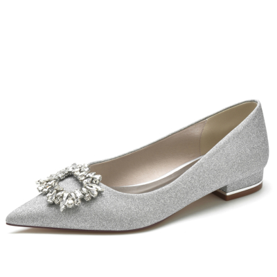 Women's Silver Glitter Opinted Toe Flat