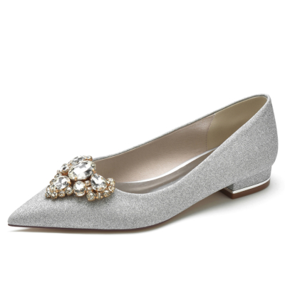 Women's Silver Glitter Pointed Toe Rhinestone Flats Wedding Shoes