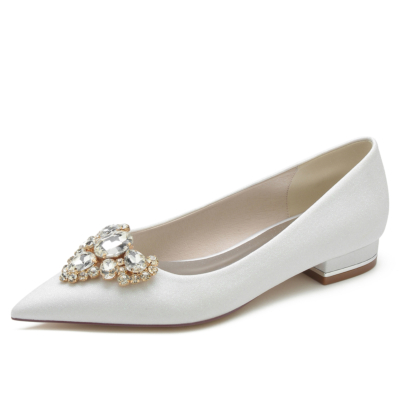 Women's White Glitter Pointed Toe Rhinestone Flats Wedding Shoes