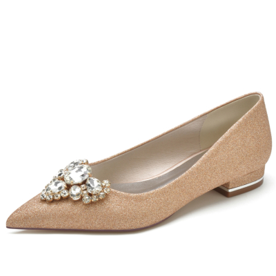 Women's Golden Glitter Pointed Toe Rhinestone Flats Wedding Shoes