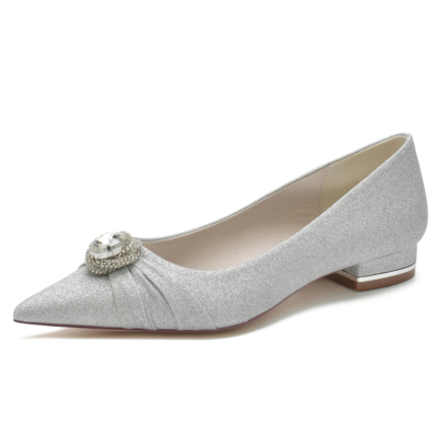 Women's Silver Glitter Pointed Toe Rhinestone Wedding Flat Shoes