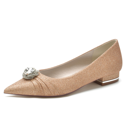 Women's Golden Glitter Pointed Toe Rhinestone Wedding Flat Shoes