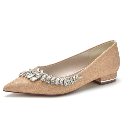 Women's Gold Glitter Rhinestone Leaf Pointed Toe Flat Wedding Shoes