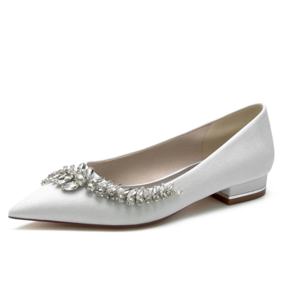Women's White Glitter Rhinestone Leaf Pointed Toe Flat Wedding Shoes