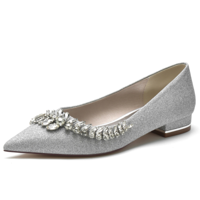 Women's Glitter Rhinestone Leaf Pointed Toe Flat Wedding Shoes