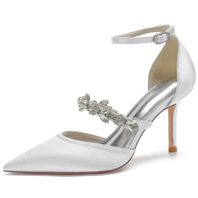 Women's White Jewelry Ankle Strap Heel Pumps Wedding Shoes