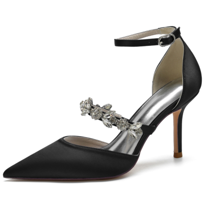 Women's Black Jewelry Ankle Strap Heel Pumps Wedding Shoes