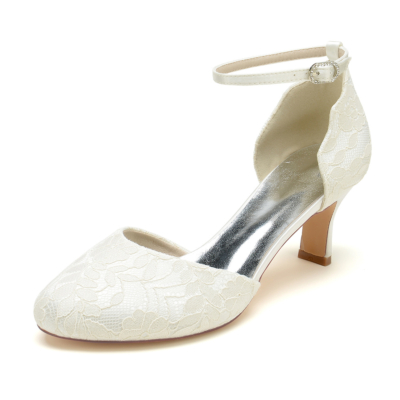 Women's Lace Almond Toe Spool Heels Wedding Shoes Ankle Strap Pumps