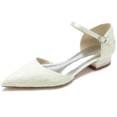 Women's Ivory Lace Pointed Toe Ankle Strap Wedding Flat Shoes