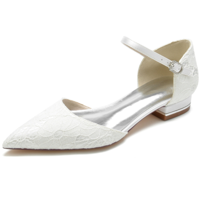 Women's White Lace Pointed Toe Ankle Strap Wedding Flat Shoes