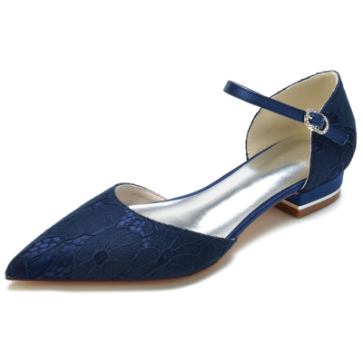 Women's Navy Lace Pointed Toe Ankle Strap Wedding Flat Shoes